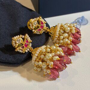 Gold-Tone Pink Pearl Cluster Jhumka Earrings